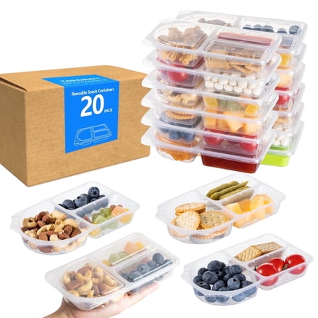 TAIHUIMY 20 PCS 8.8oz Reusable Snack Containers with Lids, 3 Compartment Condiment Snack Pack Containers