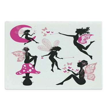 Tale Cutting Board, Girl Silhouettes Sitting on Moon Mushroom Winged Dreamy Cartoon, Decorative Tempered Glass Cutting and Serving Board, Large Size, Hot Pink Rose Black, by Ambesonne