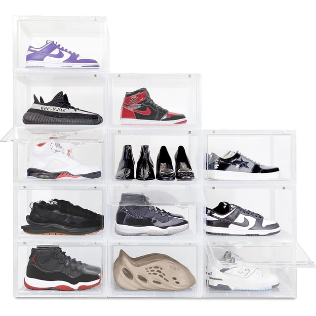 OLLIE XL Shoe Storage Boxes – Foldable and Stackable Shoe Storage Organizer for Closet – Clear HardFor Up to Size 13 – Acrylic Shoe Box Storage Containers for Jordan, Sneakers, Boots (12-Pack, Clear)