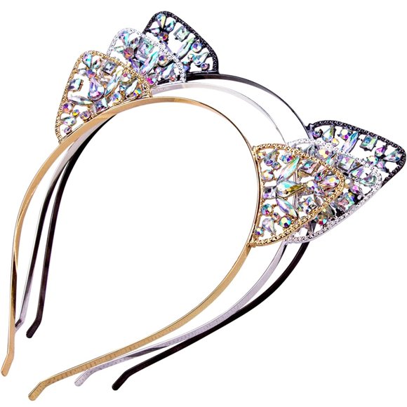 Bnikion Diadema con Orejas de Gato Diademas de Gato con Diamantes de imitación Aro para el Cabello de Cristal Tocado de Fiesta para Mujer Disfraz de Cosplay Sombreros Maquillaje de Halloween Diadema H