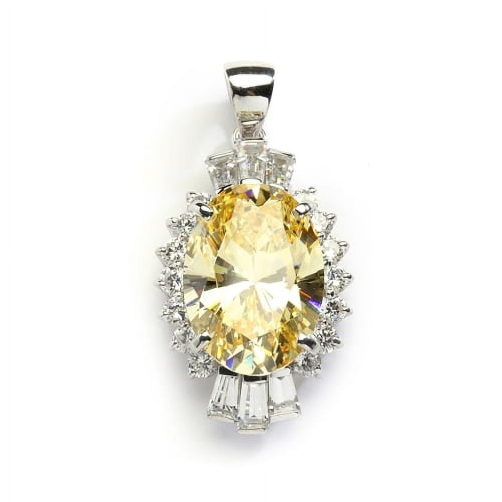 Prong Set Pendant with Man-made Oval Cut Canary Center, Brilliant Melee and Baguettes by Diamond Essence set in 14K Solid White Gold