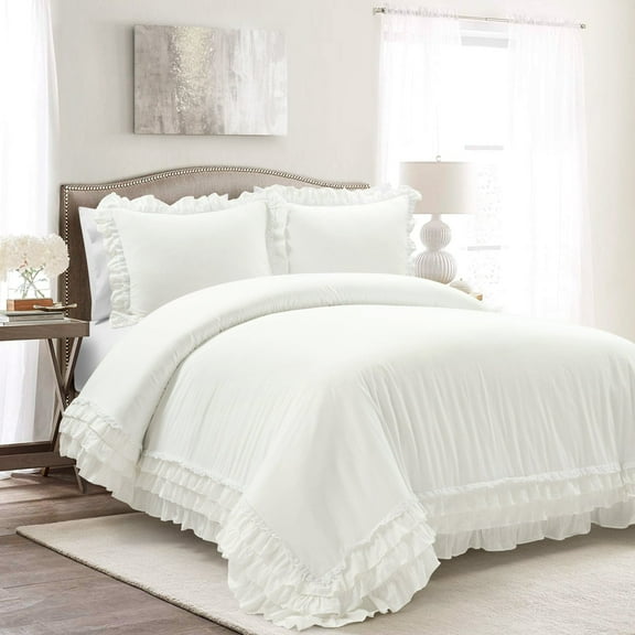 Ella Ruffle Lace 100% Cotton Duvet Cover White 3Pc Set Full/Queen