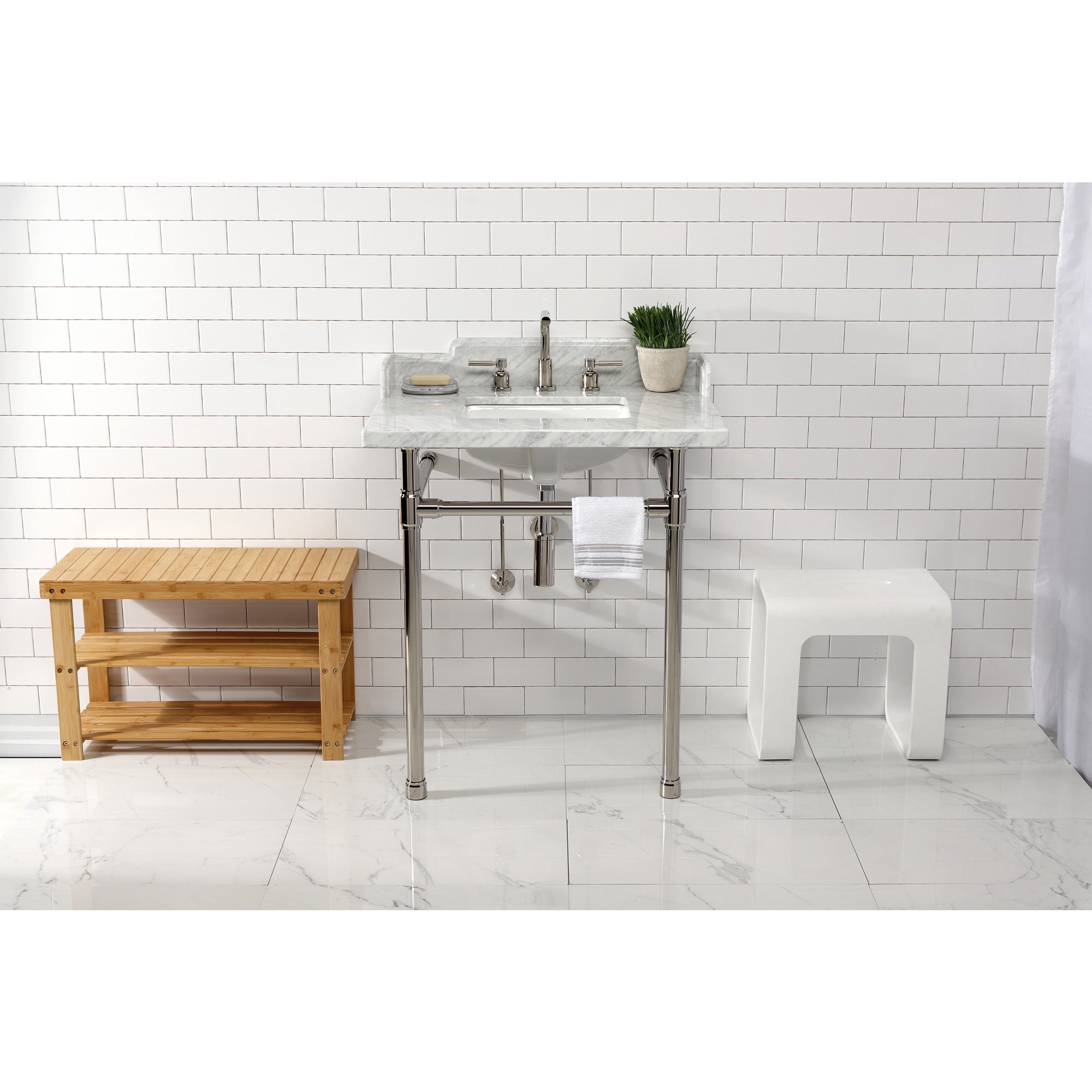 Kingston Brass LMS30M8SQ6ST Wesselman 30" Carrara Marble Console Sink with Stainless Steel Legs (8-Inch, 3-Hole), Carrara Marble White/Polished Nickel