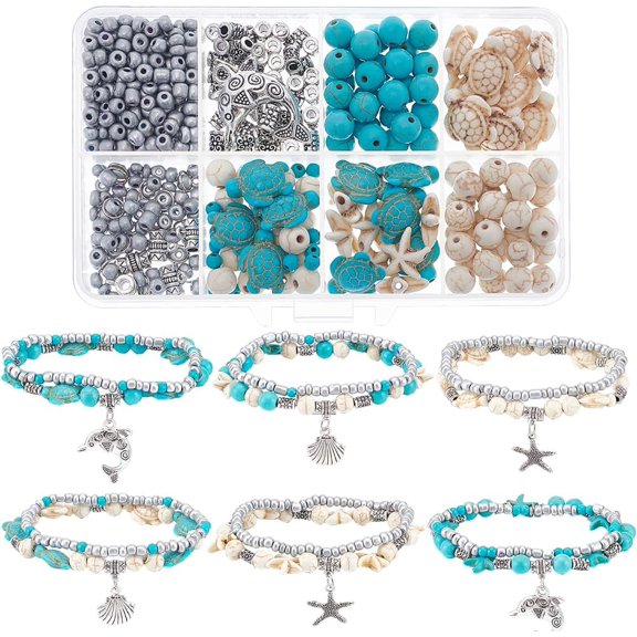 1 Box DIY 6 Sets Summer Beach Bracelet Making Kit Double Layered Bracelet Turtle Starfish Bead Fish Dolphin Charms Hawaii Sea Animal Charm Glass Beads for Jewelry Making Kits Women