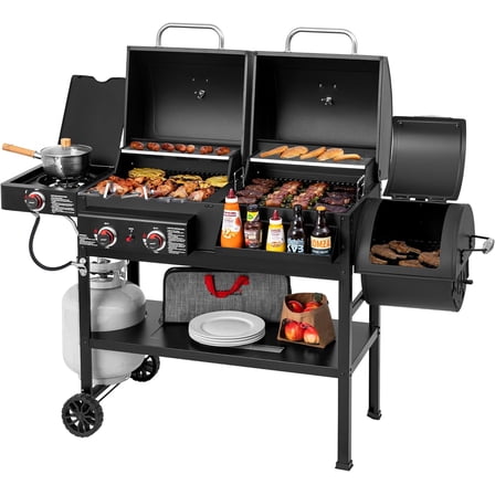 2-Burner Gas and Charcoal Combo Grill with Offset Smoker & Side Burner, 34,000 BTU Dual Fuel Grill, 1020 Sq. In. Cooking Area, Ideal for Outdoor Cooking, Black, ZH3005Y-SC