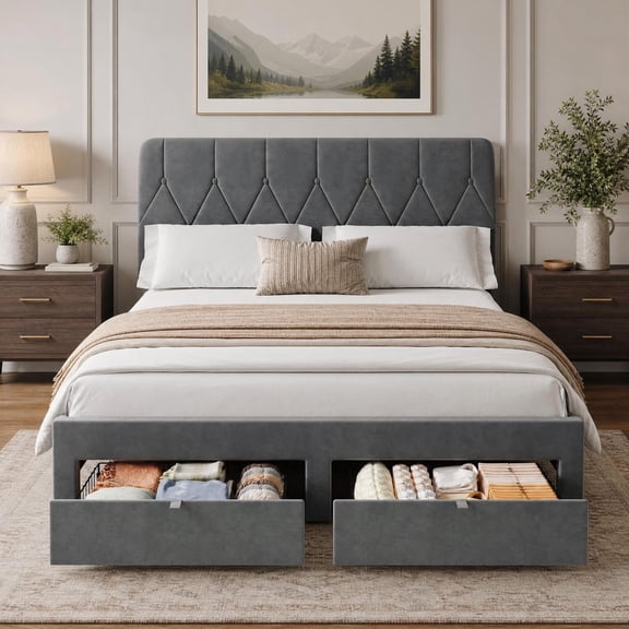 Queen Bed Frame with 2 Storage Drawers, Velvet Upholstered Platform Queen Size Bed Frame with Headboard, Wooden Slats Support, No Box Spring Needed, Easy Assembly, Grey