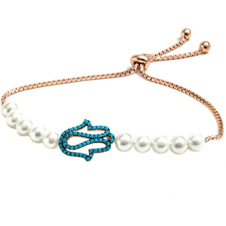 Pori Jewelers Freshwater Pearl and CZ 18kt Rose Gold-Plated Sterling Silver Turquoise Hamsa Friendship Bolo Adjustable Bracelet