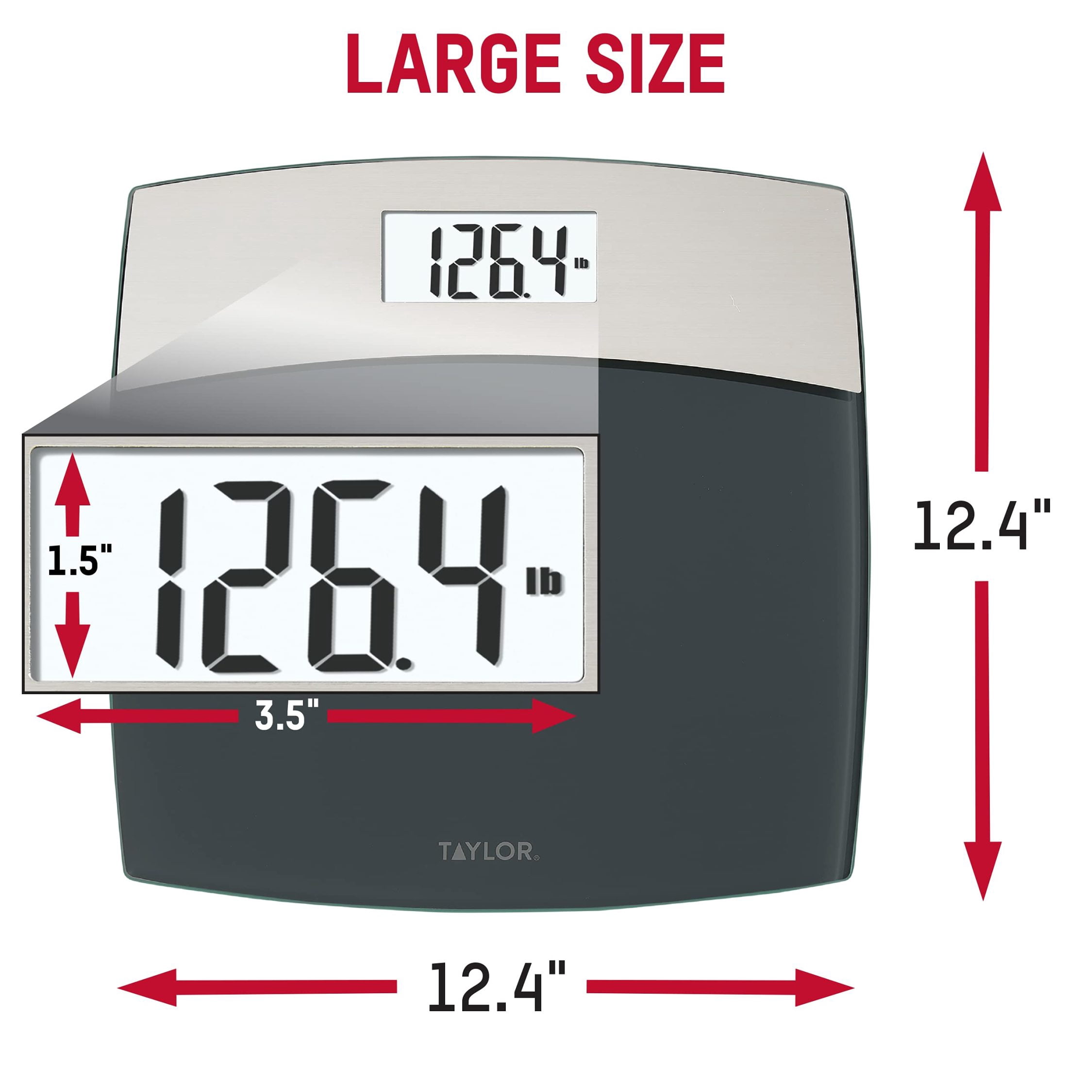 Taylor Precision Products Digital Bathroom Scale – 12.4" Tempered Glass Platform, 440 lb Capacity Body Weight Monitor with White Backlit Display & Precision Sensors for Accurate Readings (Grey)