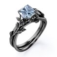 thumbnail image 4 of Leaf Branch Vine - 0.5 TCW Cushion Cut Lab Created Blue Aquamarine - Solitaire Prong Wedding Ring Set - 18K Black Gold Plating over Silver, 4 of 4