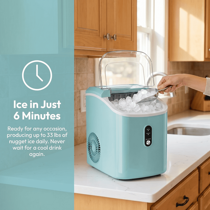 Countertop Nugget Ice Maker,Chewable Pellet Ice Machine with Self-Cleaning Function, 33 lbs/24H Portable Ice Maker for Home, Kitchen, and Office, Green
