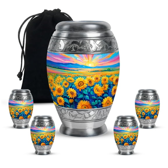 MUKTIVE Sunflower Cremation Urns for Adult Ashes Women, Large Blue Funeral Urns for Adult Male, Decorative Mini Keepsake Memorial Urn for Mother, Burial Urn for Human Ashes (1 Large, 4 Keepsake)