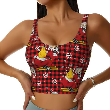 Adobk Vintage Santa Skiing Red Plaid Print Sports Bras for Women Longline Workout Crop Tank Tops Padded with Built in Shelf Padded Sports Bra-Small