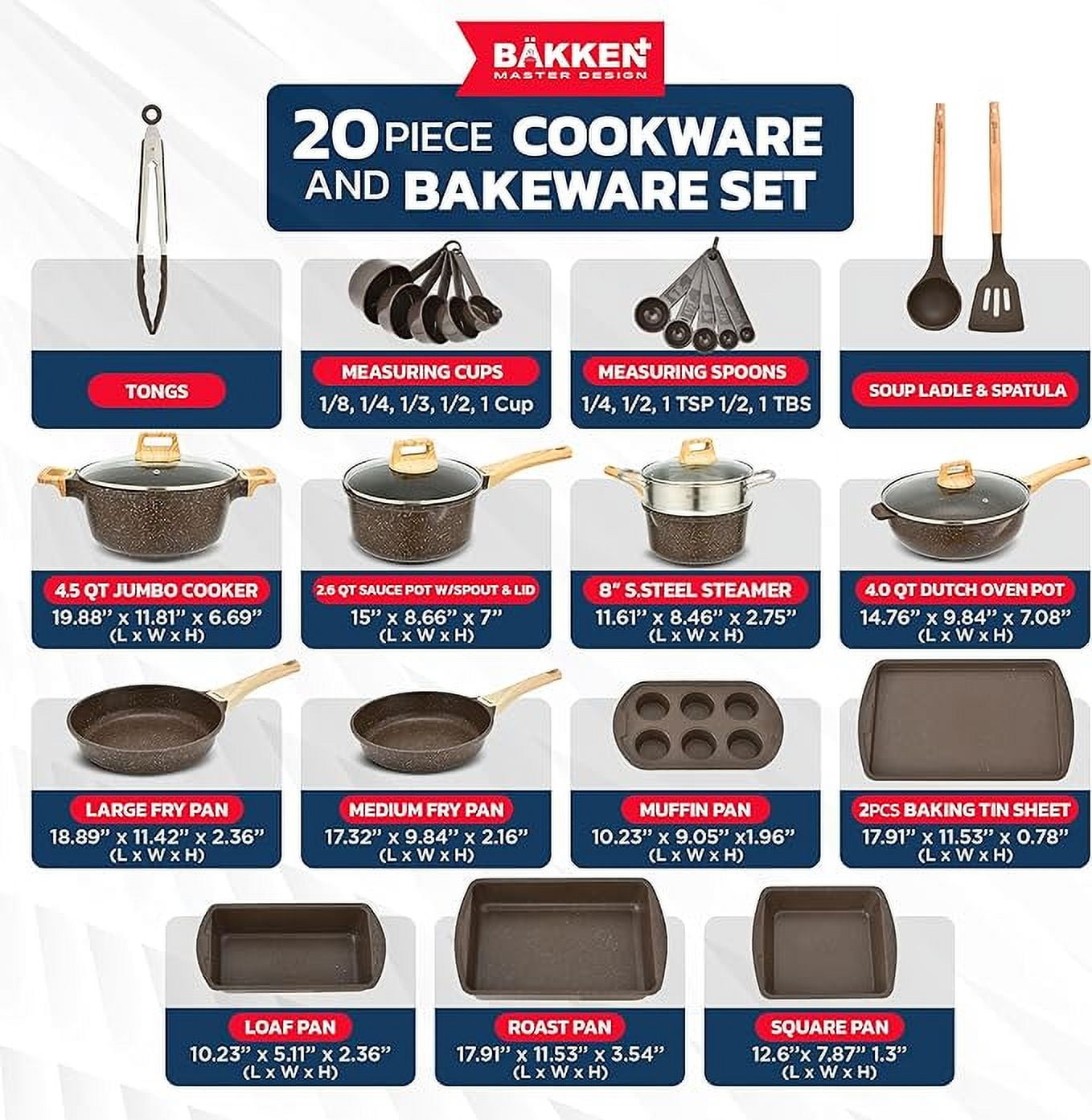 BAKKEN Cookware Set - Nonstick Granite Coating, Pots and Pans with Handle Grips and Tempered Glass Lids, Safe up to 500°F, Set of 20