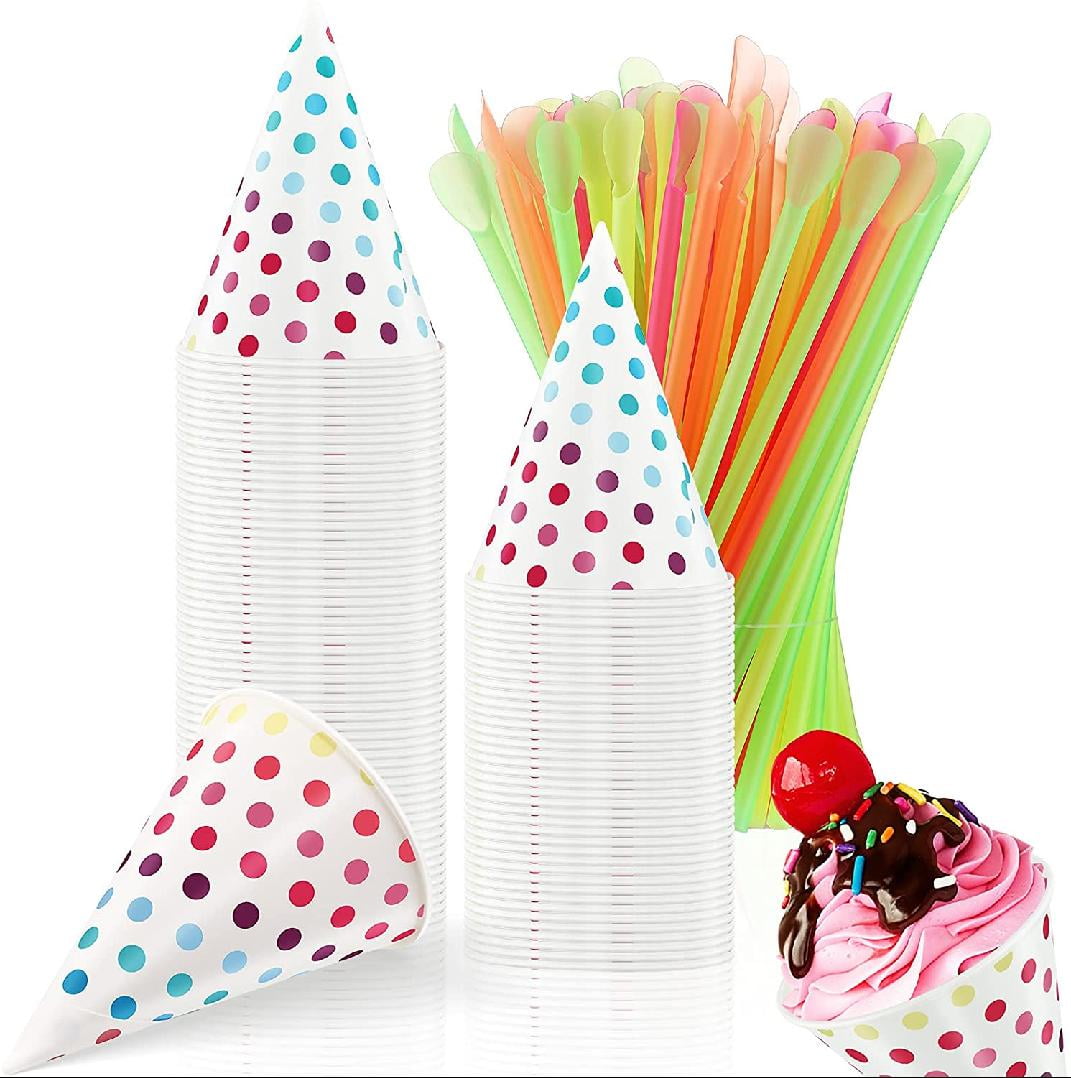 Disposable Snow Cone Cups and Spoon Straws Set 100 Pieces Colored Polka