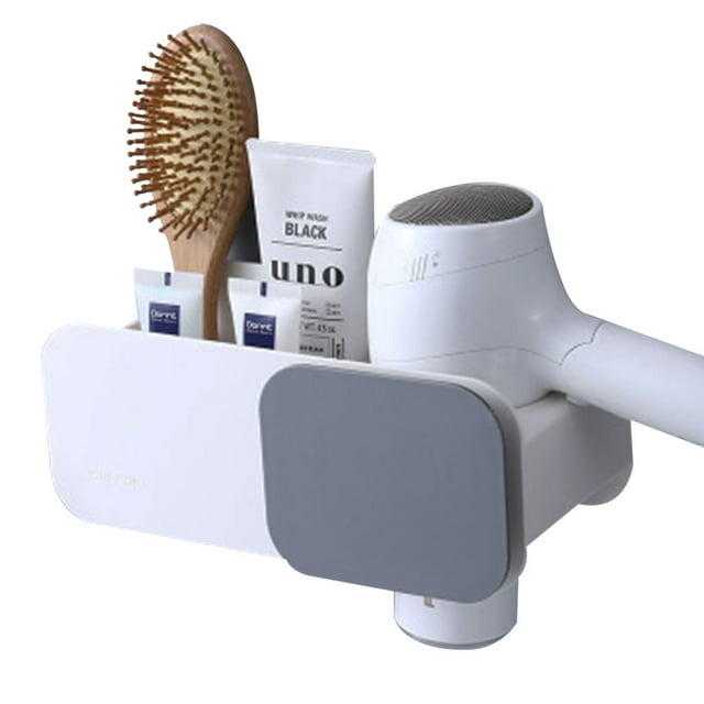 Support de Sèche-Cheveux, Support de Sèche-Cheveux Sans Perçage, Rangement de Sèche-Cheveux avec Deux Compartiments, Sans Perçage, Imperméable, Adhésif Fort-Blanc+gris