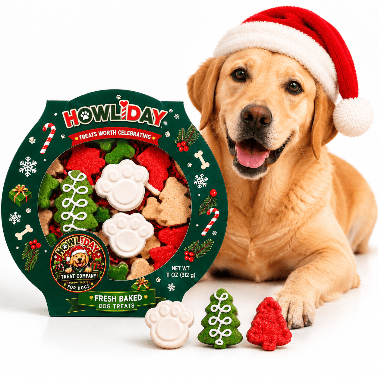 Howliday Dog Christmas Cookies-11oz Holiday Pet Stocking Stuffer- Human Grade Dog Treats- Made in North America
