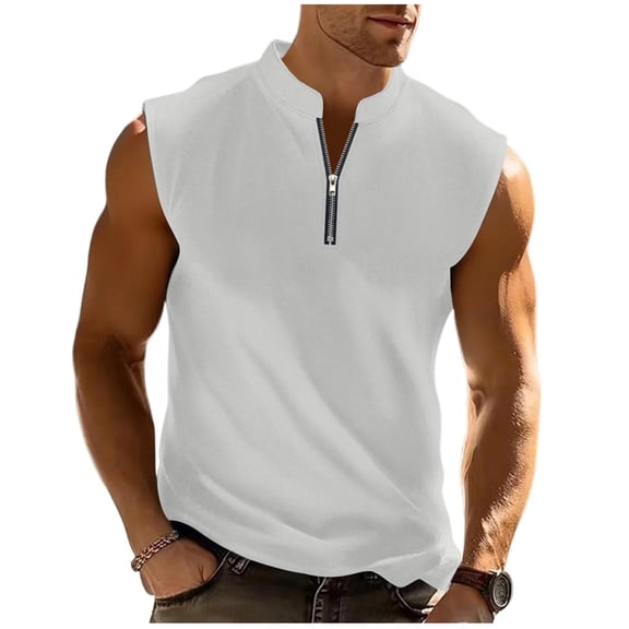 Fewfanhot Men's Solid Color Stand Collar Zip Front Athletic Top, Summer Workout Shirt for Running, Sports and Training