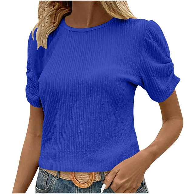 Chemise d'Été Douce pour Femmes Col Rond T-Shirts Décontractés Manches Bouffantes Hauts pour Femmes Couleur Unie Tee Basique