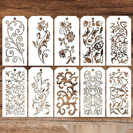 10pcs Flower Stencil Set – Heat-Resistant PET Leaf Texture Painting Templates for DIY Art Crafts on Paper Fabric Wood – 10 Designs