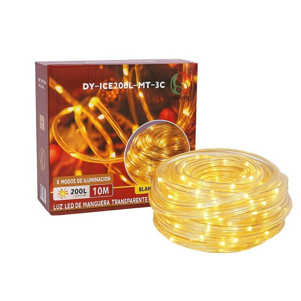 Luz LED Manguera Transparente 10 Metros Blanco Calido con 200 LEDs