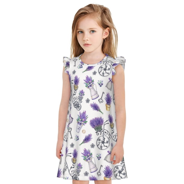 Fotbe Lavender Bicycle Vestido de Dormir para Niñas de 3 a 10 Años, Mangas Cortas, Estilo Princesa, Pijama Camisón con Mangas Voladas-X-Large