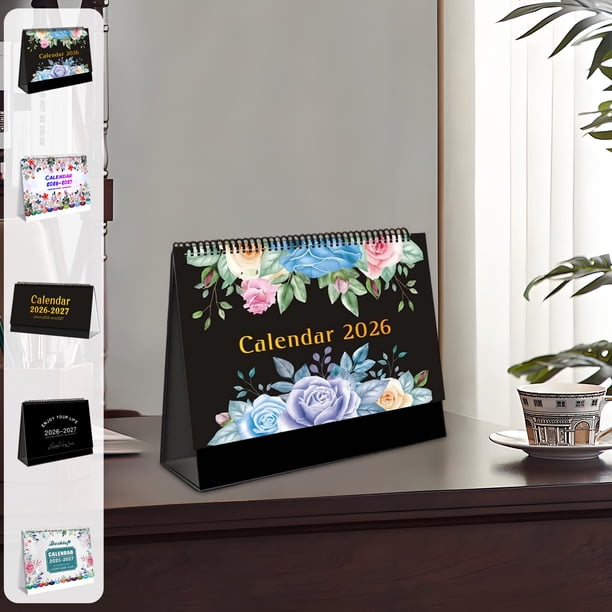 RKSTN Mini Desk Calendar 2026-2027, Standing Flip Small Desk Calendar- Thick Paper Twin-Wire Binding for Home or Office (Black)