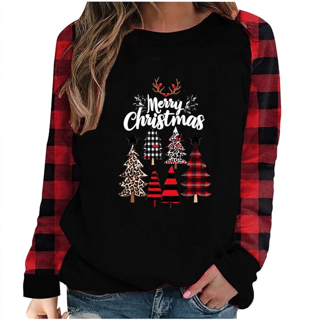 Liquidation Staron T-Shirt de Noël pour Femmes Col Rond T-Shirt Xmas Imprimé Léopard Arbre Chemises Rayées Raglan Manches Longues Blouses Baseball Coupe Ample T-Shirts Graphiques Hauts Rouge m