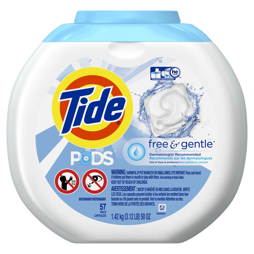 Tide PODS Liquid Laundry Detergent Pacs, Free & Gentle, 57 count