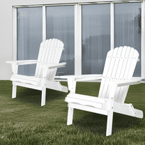 Set of 2 White Solid Cedar Wood Embossed Adirondack Chair with Folding Design for Garden Patio and Backyard