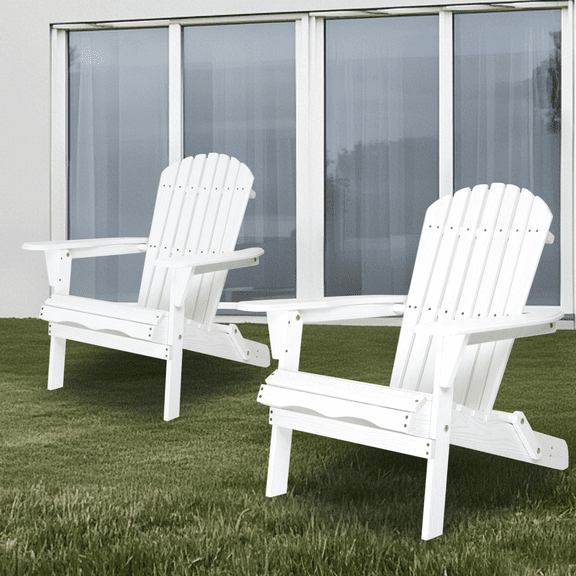 Set of 2 White Solid Cedar Wood Embossed Adirondack Chair with Folding Design for Garden Patio and Backyard