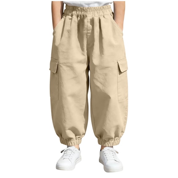 QINGFSAP Boys Girls Cargo Pants Elastic Waistband Cotton Linen Jogger Pants for Kids 7-16T