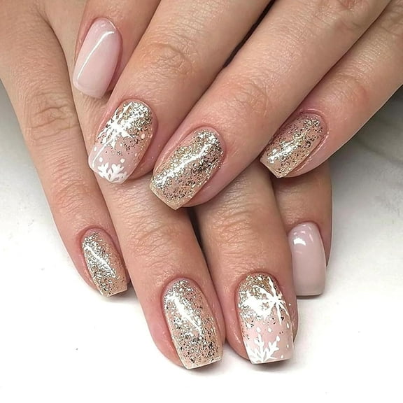 Christmas Press on Nails Medium Square Fake Nails Pink Full Cover White&Glitter Swirl False Nails with Designs Gold Glitter Glossy Glue on Nails Artificial Nails for Women Girls 24Pcs Christmas