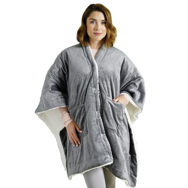 Pure Enrichment® PureRelief™ Plush Heated Shawl - 4 InstaHeat™ Settings, Wearable Design with Snap Closures, Deep Pockets, Soft Micromink & Sherpa Fabric, Auto Shut-Off Timer, & Machine Washable