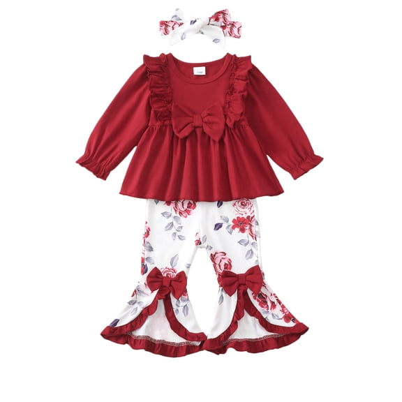 Kucnuzki 3 Months Newborn Baby Girls Outfit Set 6 Months Winter Clothes Ruffle Long Sleeves Solid Color Pullover Top Bowknots Floral Flared Pants Sets with Headband 3pcs Red