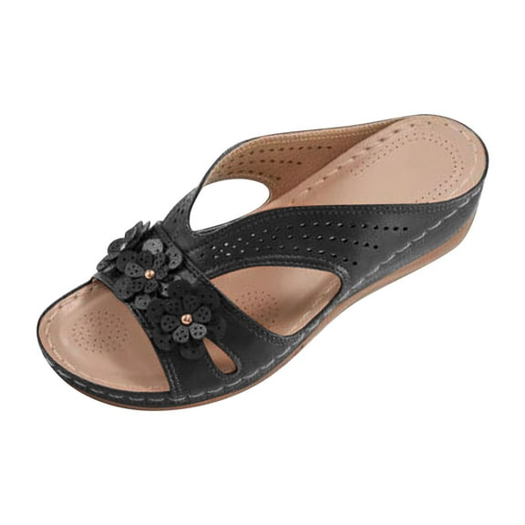 Xfvqtps Slide Sandals for Women Wedge Sandals Flower Decor Side Cutout Hollow out Breathable Summer Orthopedic Sandals Black