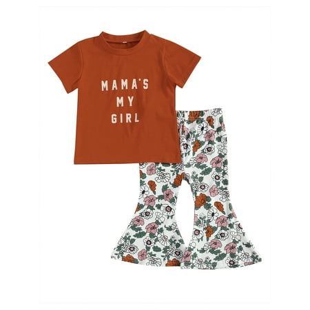

Caitzr Little Girls Round Collar Short Sleeve Letter Top Floral Printing Flared Trousers Set