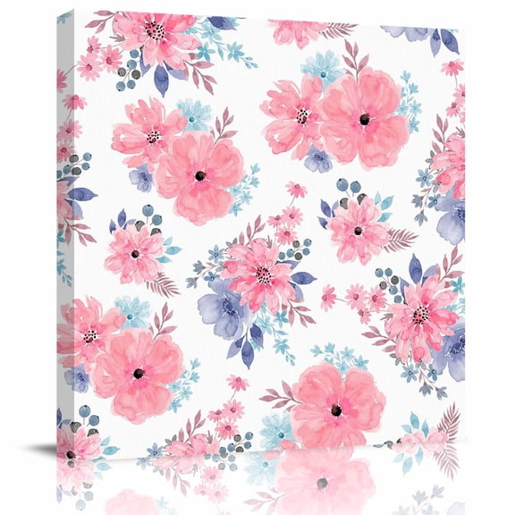 Framed Canvas Wall Art for Living Room Pink Watercolor Floral Wall Decor, Spring Flower Leaves Aesthetic Paintings for Bedroom Office Kitchen Bathroom, Ready to Hang Artwork Wall Pictures 8x8 Inch