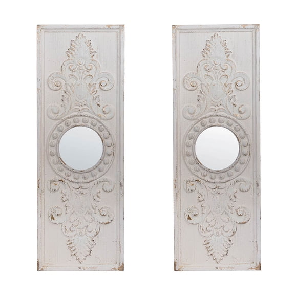 LiviNest Antique Style Wall Mirror Set - Distressed White Wood Framed Rectangular Panels with Round Mirror Accents - Rustic Home Decor for Farmhouse Bedroom & Living Room Wall Decor