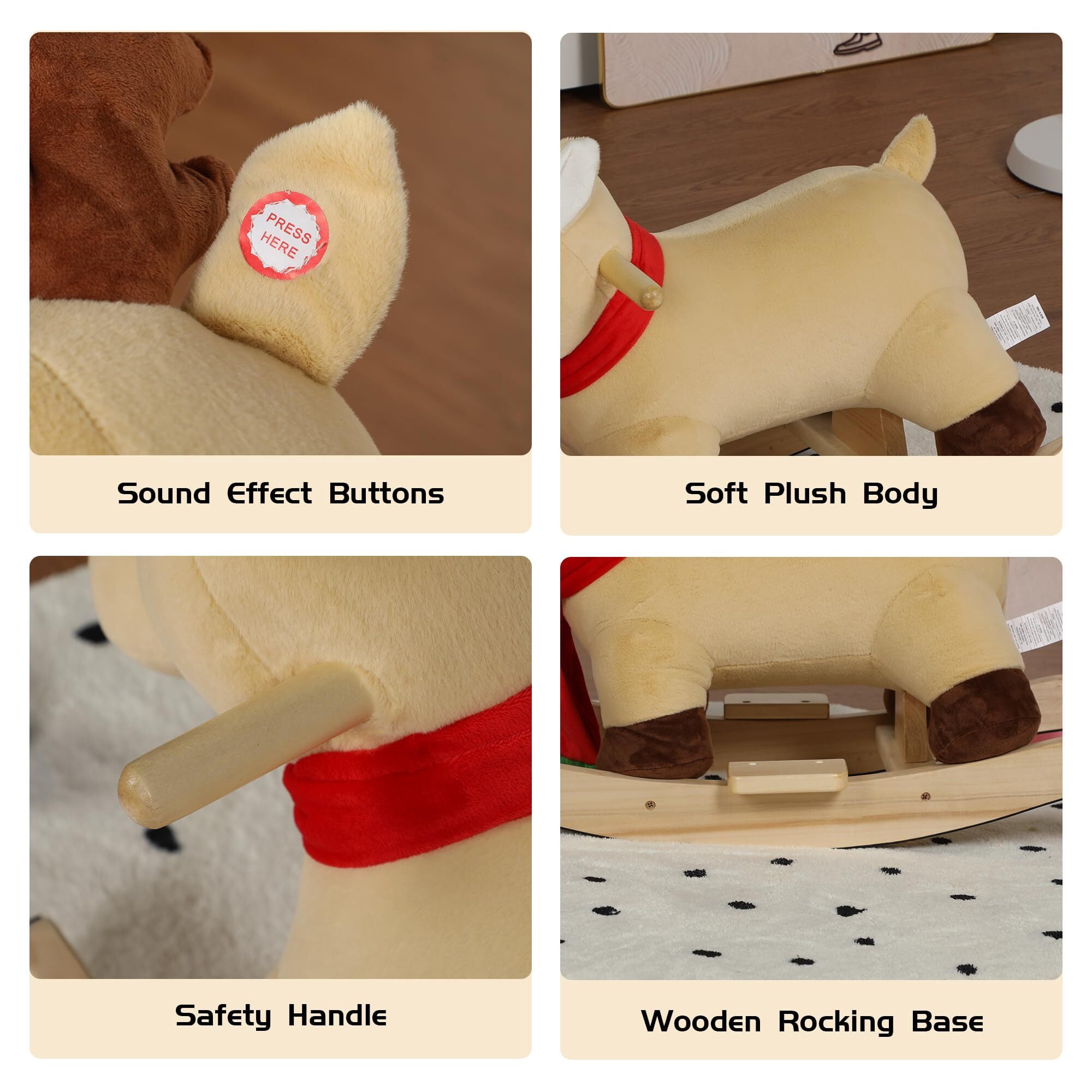 DIPU-Home Moose Ride-On Rocking with Lullaby Song, Hand Puppets, Safety Belt, Plush Rocking Horse for Ages 1-3, Interactive Kids Rocker, Apricot