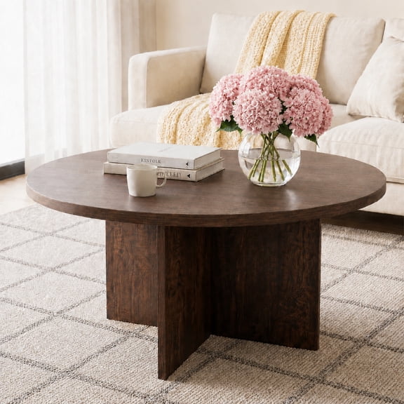HOYOA Round Coffee Table,Modern Wooden Center Table,for Living Room,Walnut