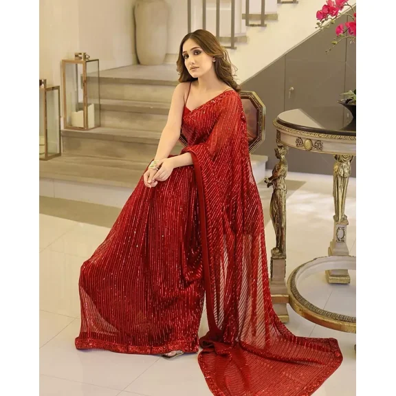 Saree Indian Designer Pakistani Wedding Sequence Work Party Wear Sari Bollywood