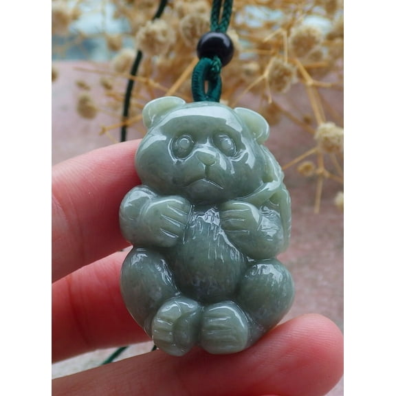 Green Natural A Jade jadeite Pendant Panda Bamboo Coin Necklace 679646 TN