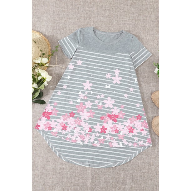 ABPHQTO Camiseta de manga corta con estampado de rayas de flor de cerezo gris para mujer