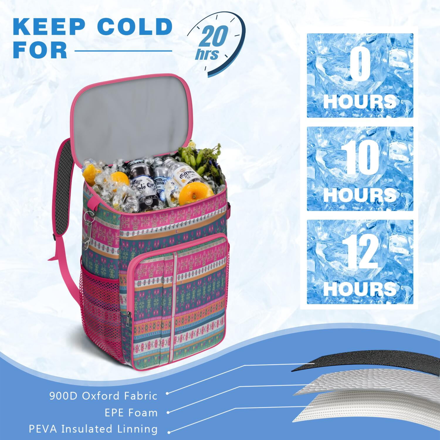 Travel Cooler Bag - Boho Bohemia Pioneer Flower Geometric Line Art Camping Beer Cooler Backpack with Bottle Opener- Waterproof Insulated Picnic Backpacks - Cooler Bag for Beach