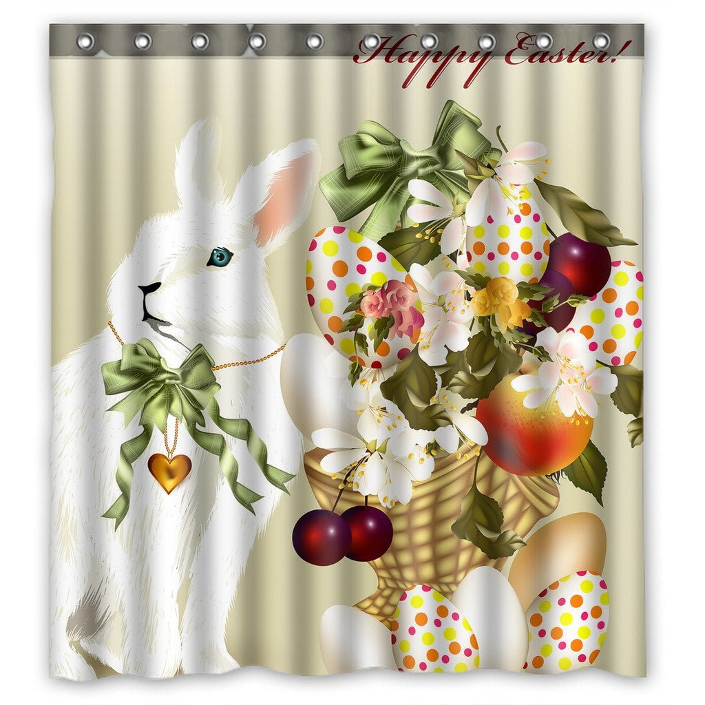 GCKG Happy Easter Rabbit and Eggs Bathroom Shower Curtain, Shower Rings