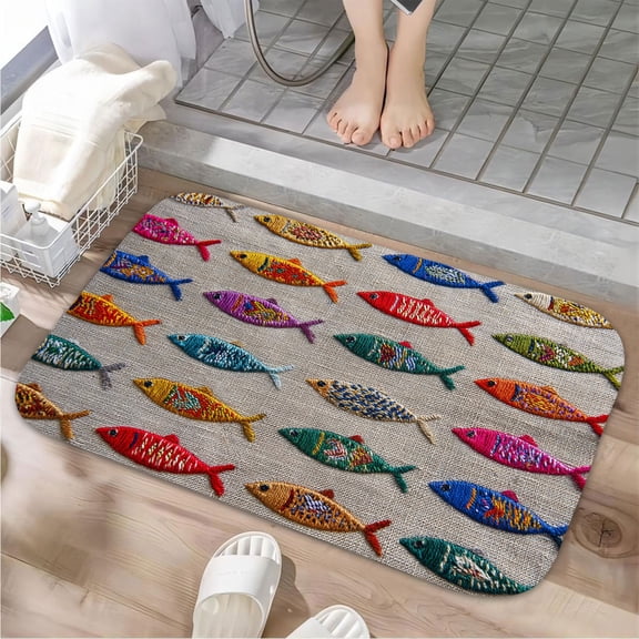 1pc Embroidered Fish Absorbent Non-Slip Bathroom Thickened Flannel Rug Decor,Soft,Quick Drying,Suitable For Indoor/outdoor Use,Bathrooms,Bedrooms,Kitchens,Terrace,Laundry Rooms,16"x24"