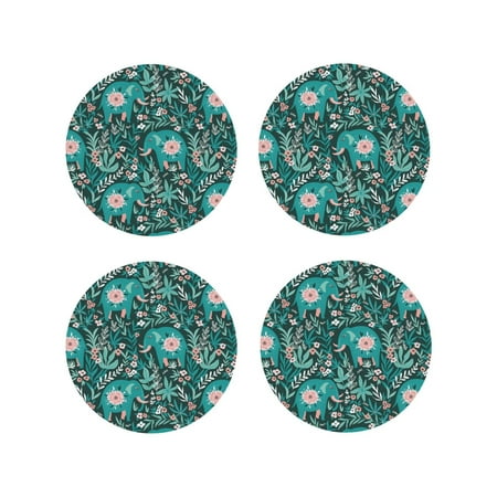 

Junzan Lephants in the Jungle Print Coasters for Drinks - Leather Coasters Set of 4 for Coffee Table for Housewarming/Kitchen/Bar/Decor-Round Shape