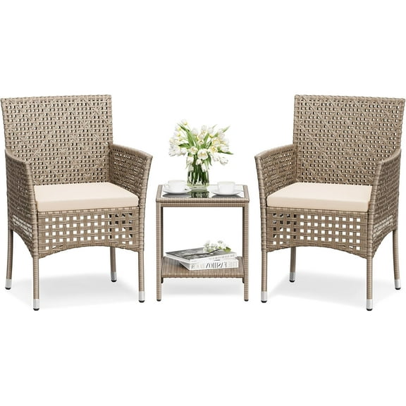 3-Piece Patio Furniture Set,Outdoor Wicker Conversation Furniture Sets Modern Star-Patterned Openwork Rattan Chairs with Coffee Table for Backyard Deck,Light Coffee and Beige