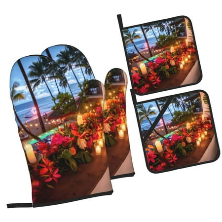 

Daiia Tropical Beach Candlelight Pattern Oven Mitts and Pot Holders 4 pcs Set High Heat Resistant 500 Degree Extra Thicken Long Kitchen Cotton Oven Glove