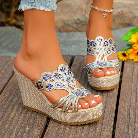 

Yzengfg Ladies Summer Rhinestone Bright Leather Thick Bottom Large Size Slope Heel Sandals Slippers Women Thong